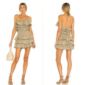 Tularosa Rory Linen Blend Mini Dress Medium Ruffled Smocked Backless Tie Neck